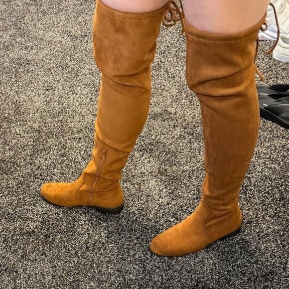 🆕Women's Tan-suede Thigh High Low Block Heel Casual Fashion Over the Knee Boots - Picture 3 of 10